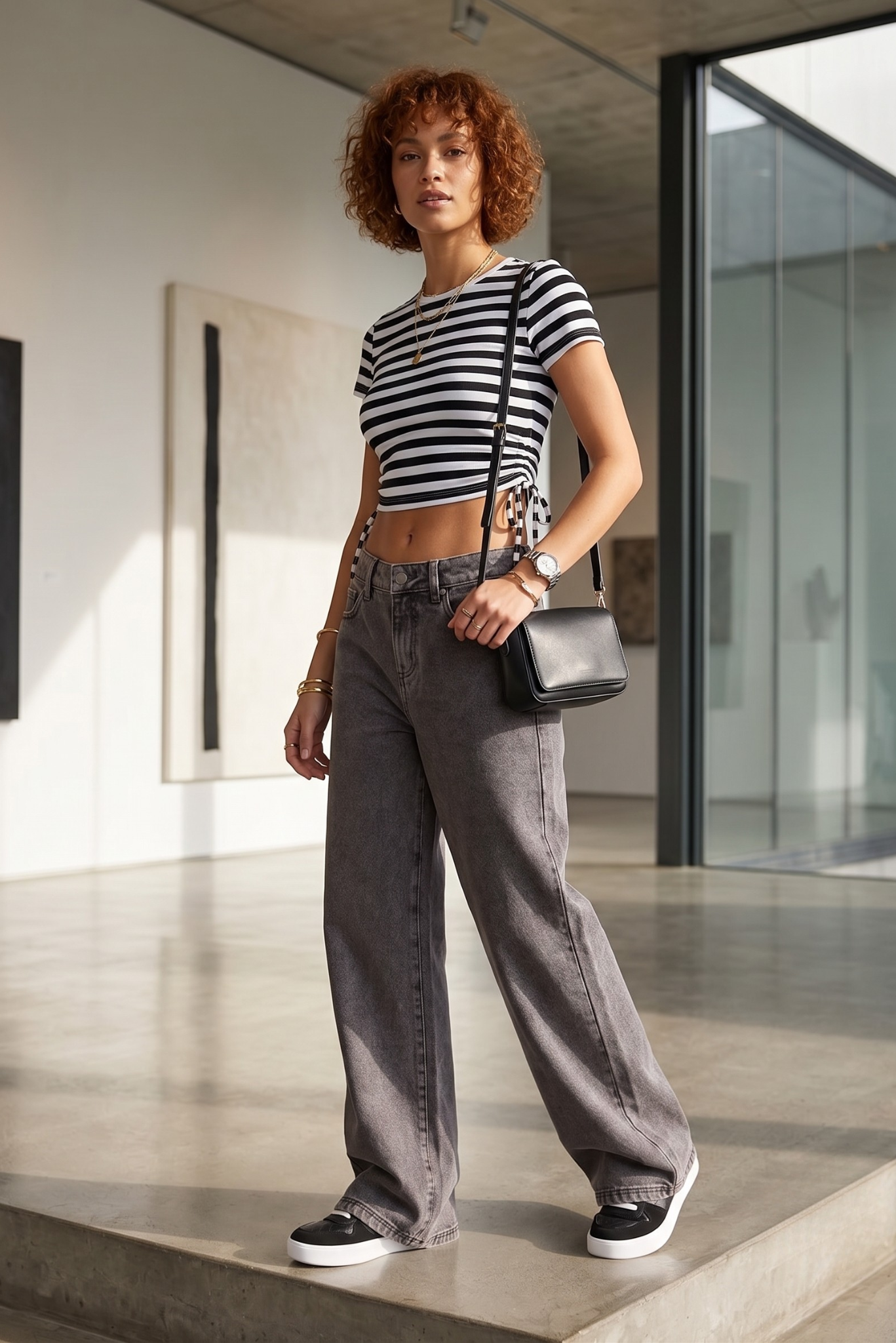 Jeans Wide Leg Tiro Alto Cierre y Botón - Gris