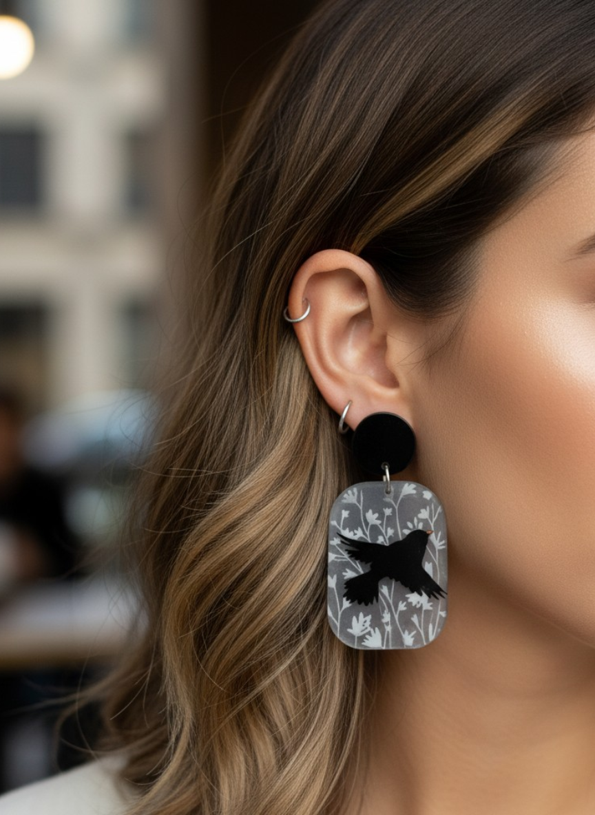 🖤Aros de Pájaro en Acrílico ¡Recibe GRATIS su Estuche de Regalo!🌑🐦