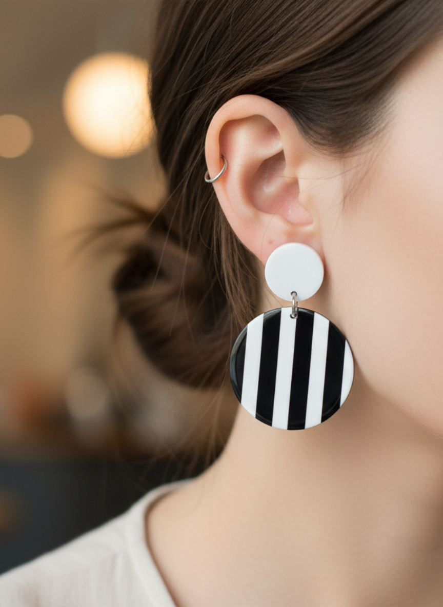 ✨ Aros Círculos Rayas B/N ¡Recibe GRATIS su Estuche de Regalo!🖤🤍