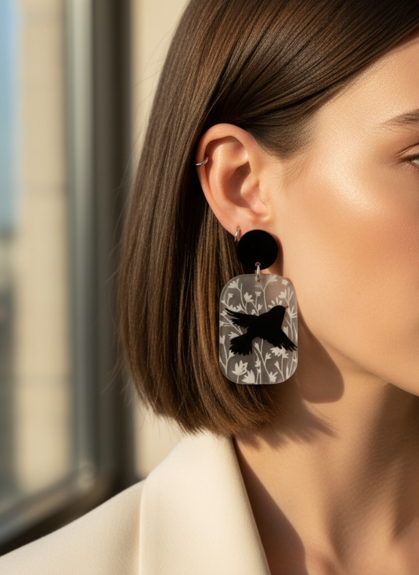 🖤Aros de Pájaro en Acrílico ¡Recibe GRATIS su Estuche de Regalo!🌑🐦