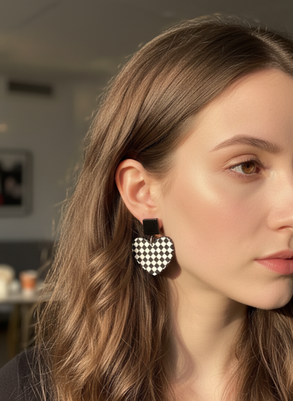 💕Aros Corazón Checker ¡Recibe GRATIS su Estuche de Regalo!😍🏁