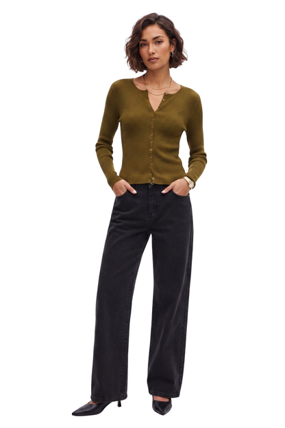 Jeans Wide Leg Tiro Alto Cierre y Botón - Negro