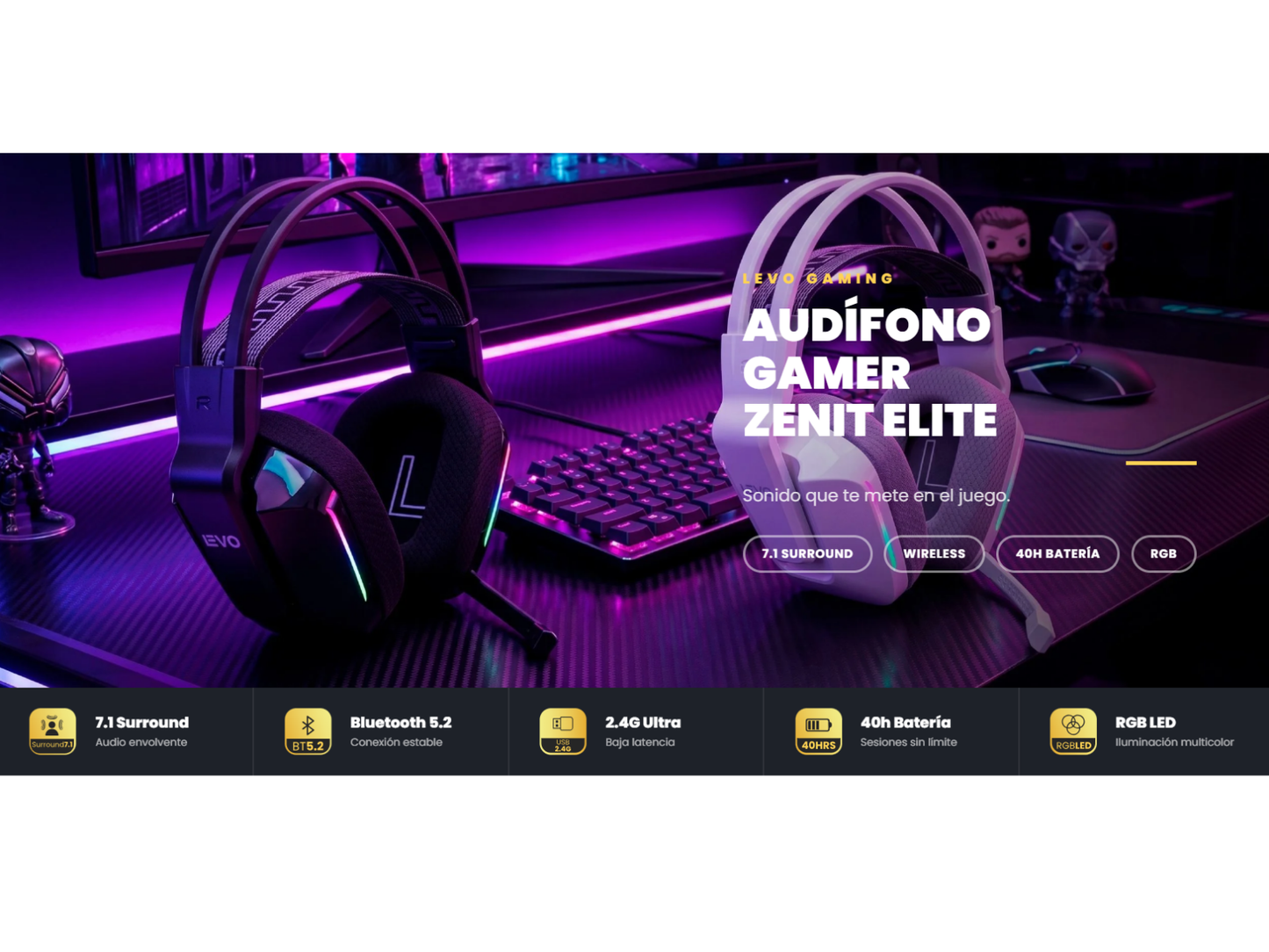 Audífono Gamer Inalámbrico Zenit Elite Bluetooth Rgb Bl Levo