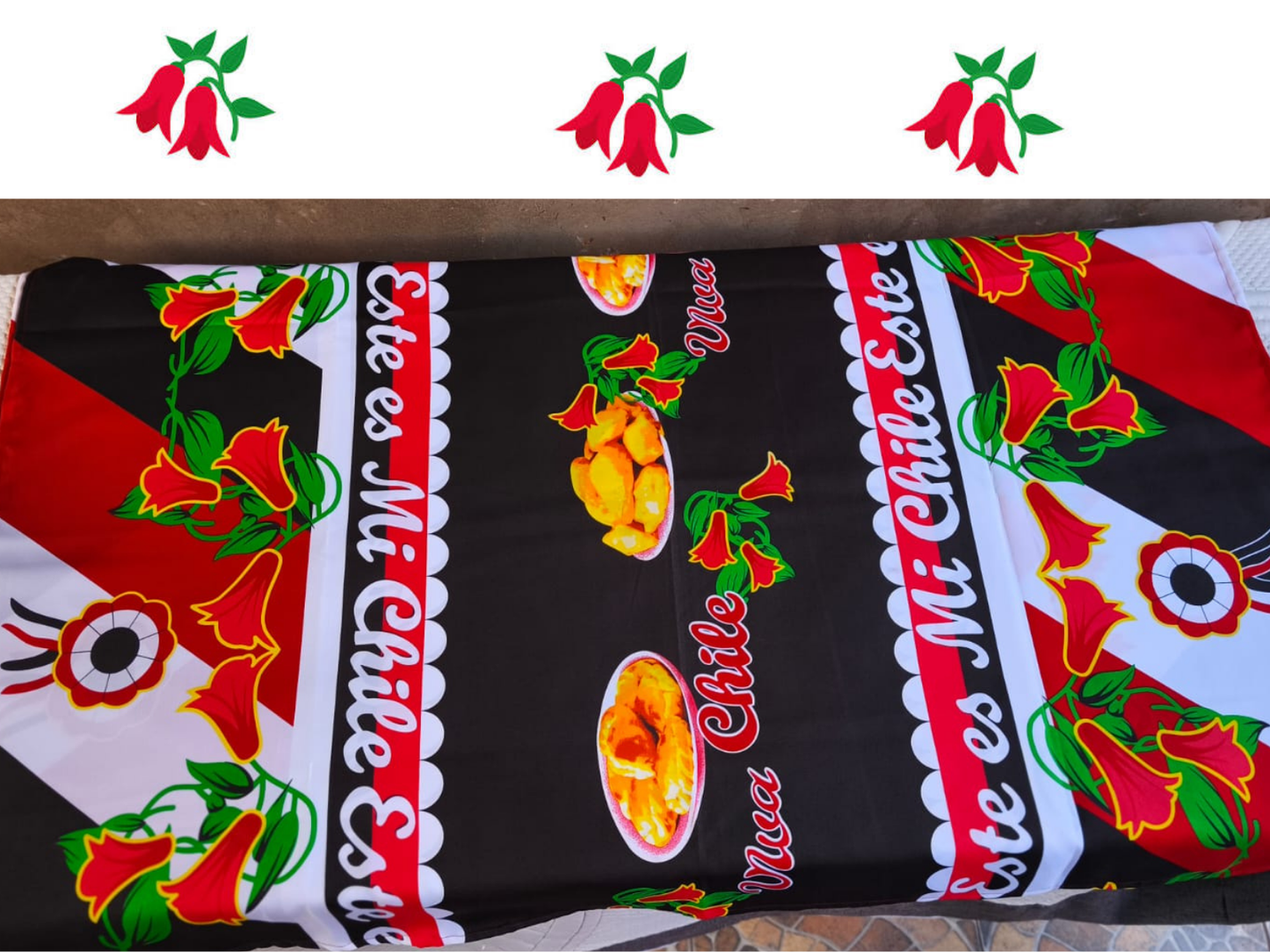 🥀 Mantel Fiestas Patrias Diseño Copihues - Género 150x200cms
