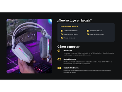 Audífono Gamer Inalámbrico Zenit Elite Bluetooth Rgb Bl Levo