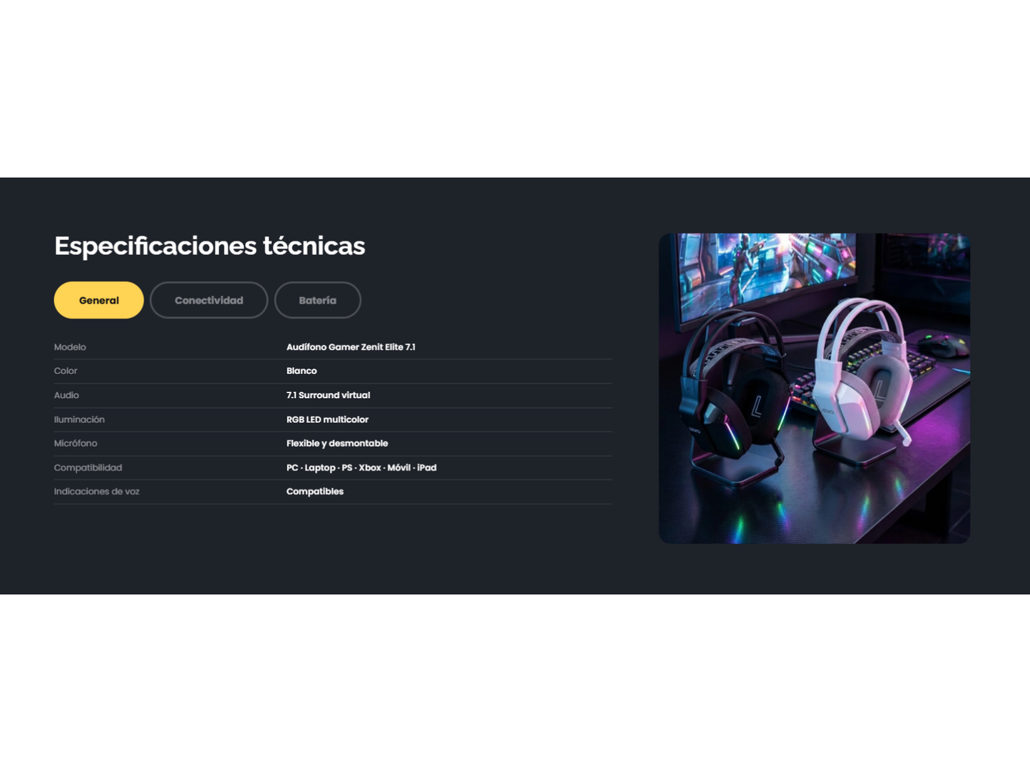 Audífono Gamer Inalámbrico Zenit Elite Bluetooth Rgb Bl Levo