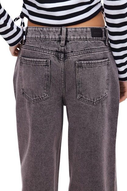 Jeans Wide Leg Tiro Alto Cierre y Botón  - Gris