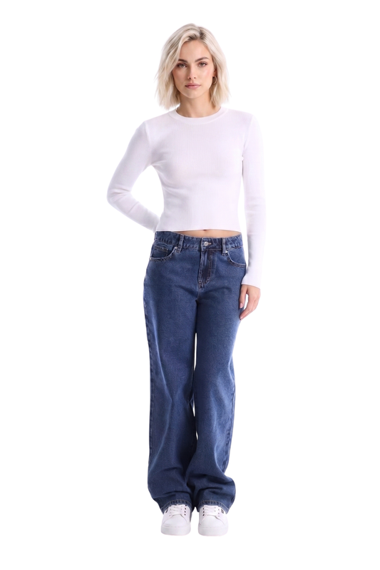 Jeans Wide Leg Tiro Alto Cierre y Botón - Azul