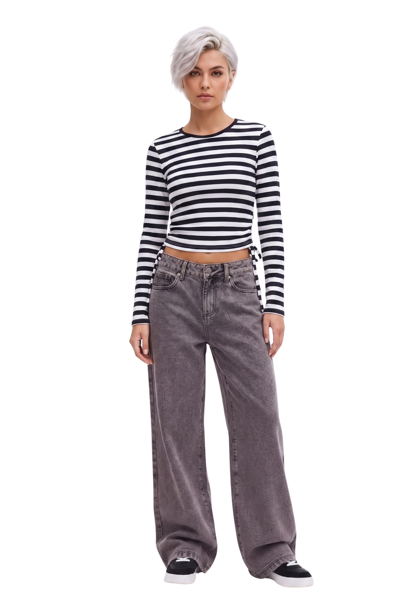 Jeans Wide Leg Tiro Alto Cierre y Botón  - Gris