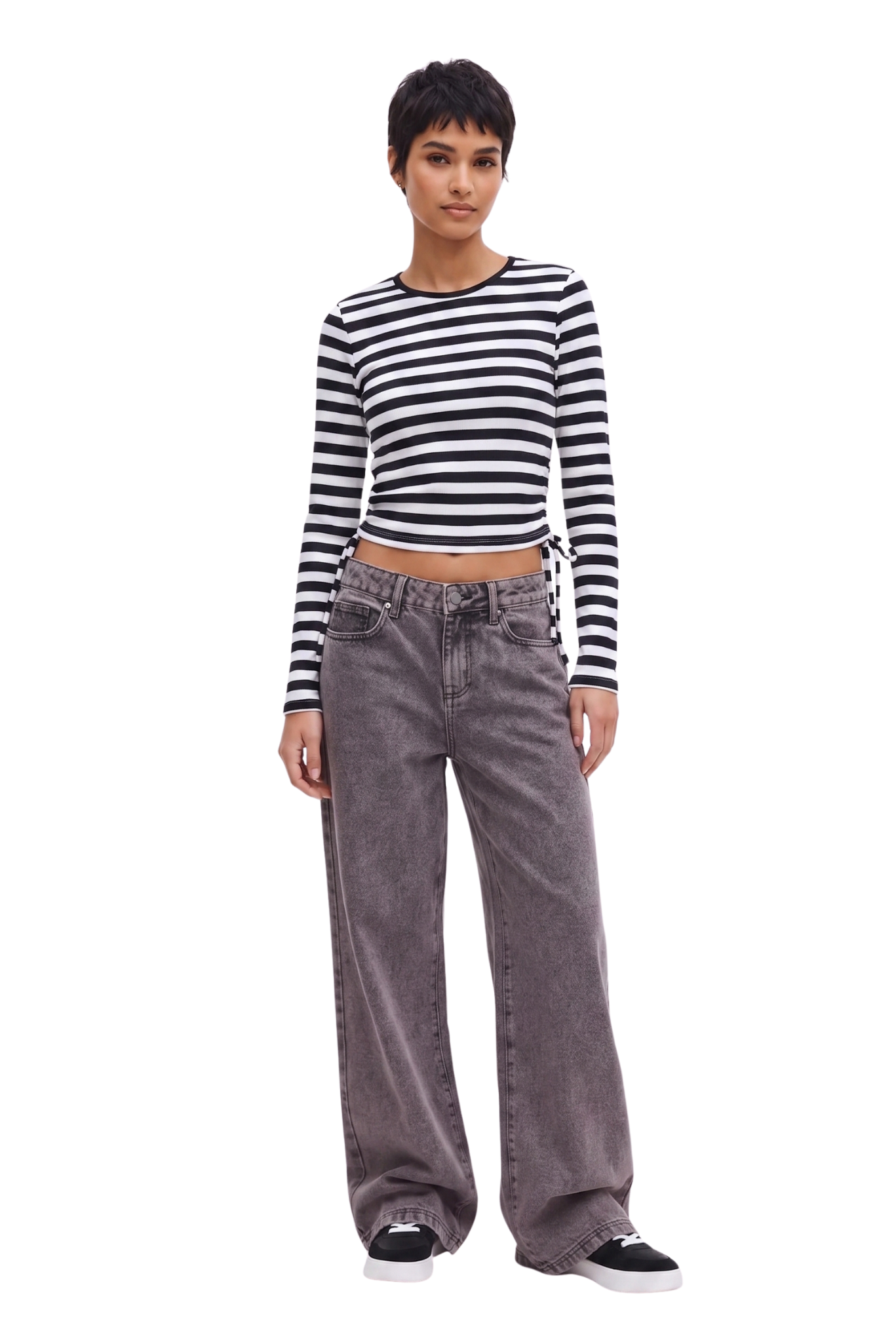 Jeans Wide Leg Tiro Alto Cierre y Botón  - Gris