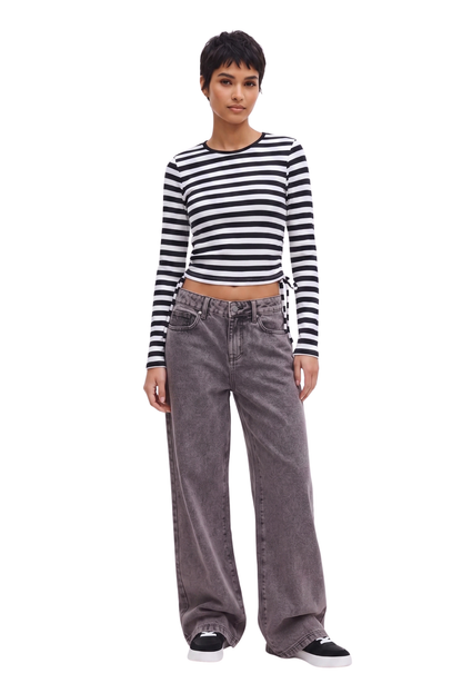 Jeans Wide Leg Tiro Alto Cierre y Botón  - Gris