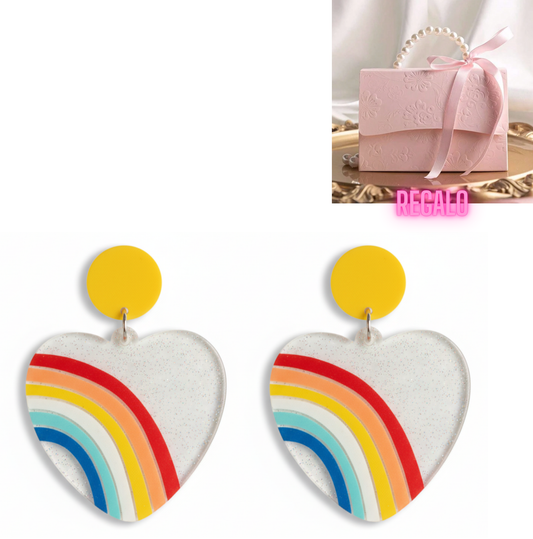 💖Aros Corazón Arcoíris Glitter ¡Recibe GRATIS su Estuche de Regalo!✨