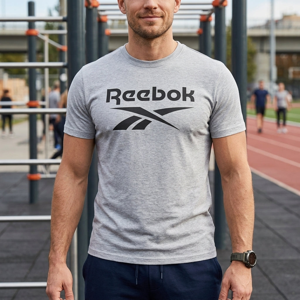 Polera Hombre Reebok Deportiva Algodón Logo Frontal Gris Melange
