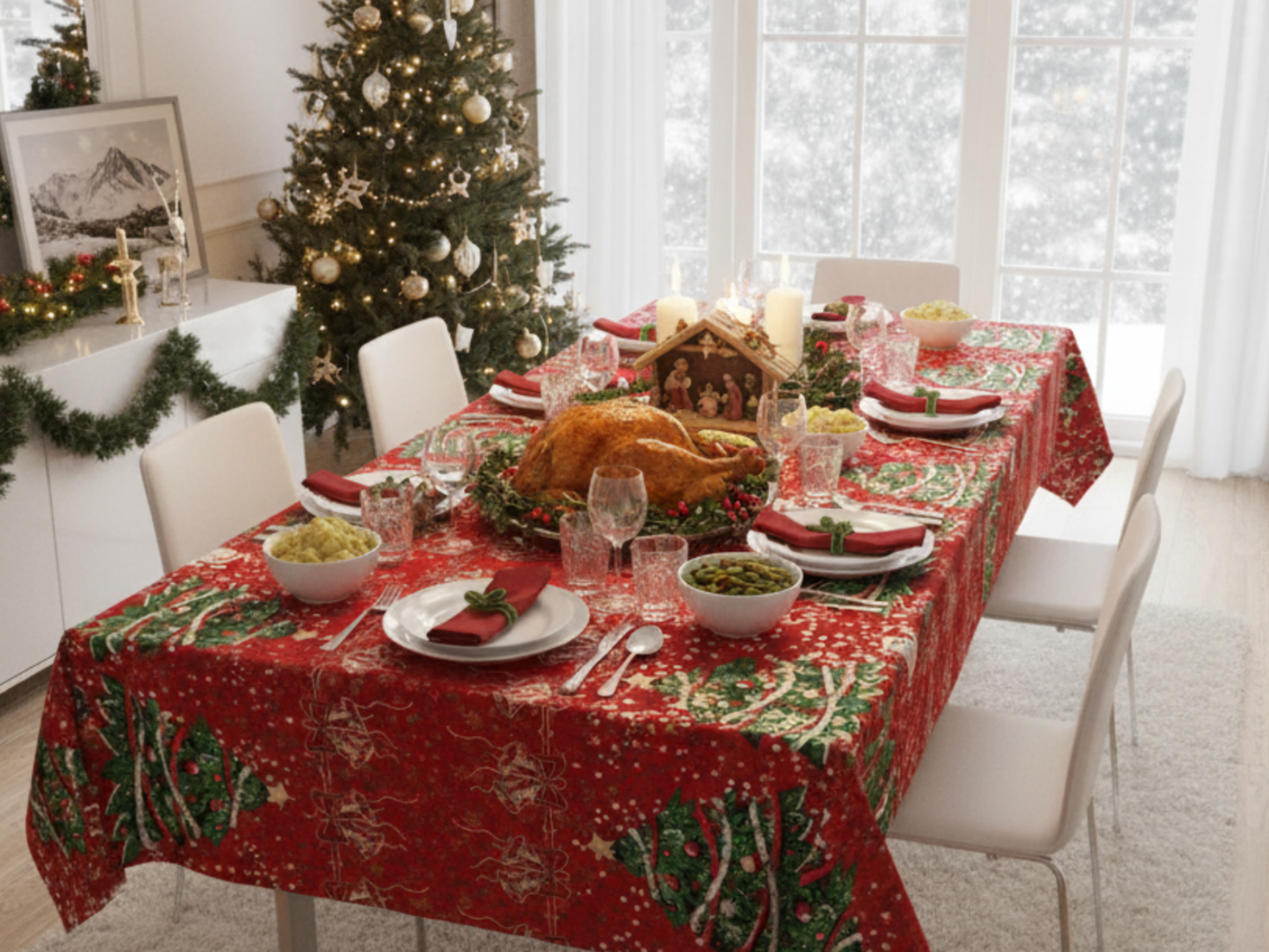 🎀Mantel de Tela Navideño con Brillos Dorados - Premium🎀